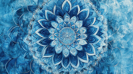 Intricate blue mandala pattern with detailed symmetrical floral design and abstract watercolor background, vibrant artistic, decorative kaleidoscope art