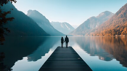 Two people walking hand in hand on a pier overlooking a calm lake with mountains in the distance