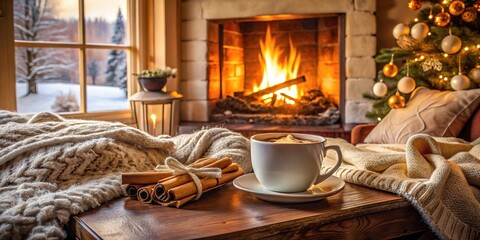 Cozy Christmas Evening by the Fireplace with Coffee and Cinnamon Sticks