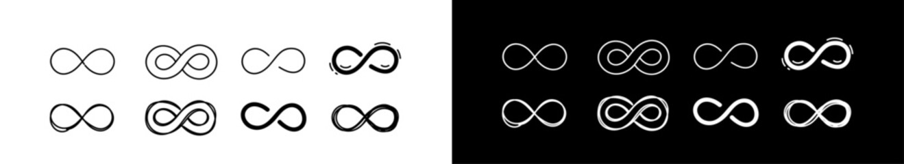 Doodle infinity icon set. Sketch Infinity, eternity, infinite, endless, loop symbols. Unlimited infinity collection illustration