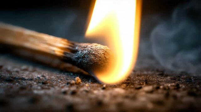 Macro of matchstick igniting with sparks and smoke under controlled low light environment