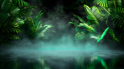 A misty tropical jungle scene with lush green foliage and a calm reflective water surface.