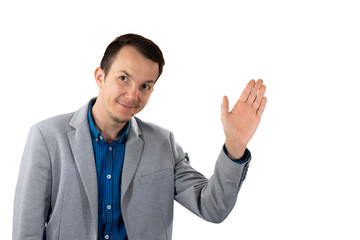 Friendly businessman waving hand in greeting, representing positive introduction or saying goodbye. isolated png
