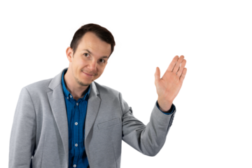 Friendly businessman waving hand in greeting, representing positive introduction or saying goodbye. isolated png