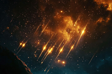 Obraz premium Spectacular meteor shower streaking across a vibrant starry night sky with glowing clouds and numerous shooting stars illuminated against the cosmic backdrop