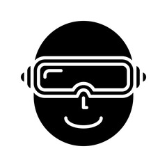 A modern, bold black glyph man using VR headset icon. Represents virtual reality, metaverse, and immersive technology. Ideal for VR apps and tech experiences.