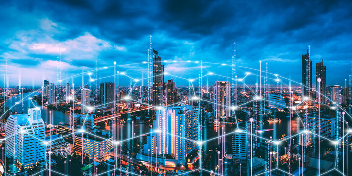Future tech Bangkok building city and digital cyber internet line on blue night sky background in Thailand Smart global network and Connect technology concept