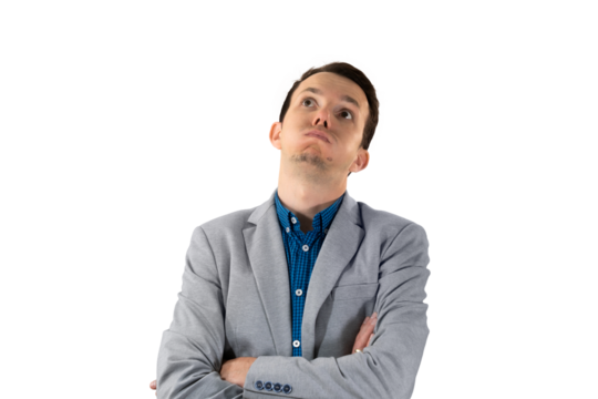 Bored businessman with arms crossed looking up in frustration, representing waiting, indecision, or fatigue - Powered by Adobe