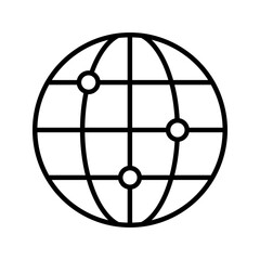 A modern, minimalist black outline global connection icon. Represents worldwide network, internet, and international communication. Ideal for tech/travel apps.