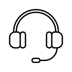 A modern, minimalist black outline headset icon. Represents audio communication, customer support, and online calls. Ideal for call center apps/services.