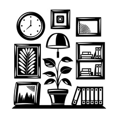 Black and white illustration of home office decor
