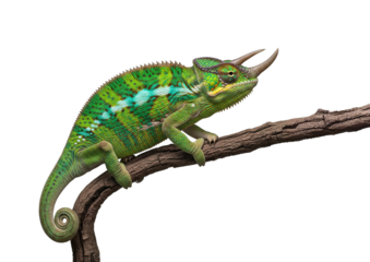 Close up of a Jackson chameleon perched on a branch, showing vibrant green skin and distinctive horns, isolated on transparent background. Exotic reptile.