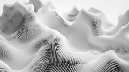 Abstract white flowing sculpture with smooth curves and textured surface resembling waves and topography in minimal modern design style for artistic background
