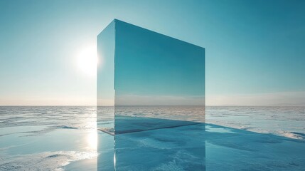 Serene reflection of cube reflecting vast sky and horizon in surreal saline landscape abstract architecture