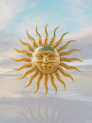 Golden metallic sun sculpture with a face, positioned against a light blue sky and reflective water. Solstice, equinox concept. 