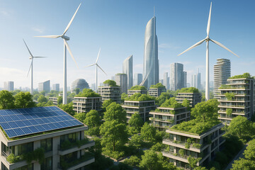 Fototapeta premium A vibrant illustration showcasing a sustainable city with wind turbines, solar panels, and green rooftops under a clear sky.