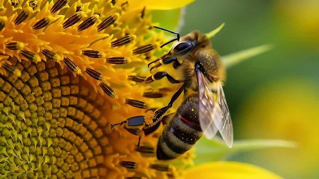 A Honeybee Gathers Pollen: Intricate Close-Up of a Bee Extracting Pollen from a Vibrant Blossom with Exceptional Sharpness and Clarity&mdash;Natures Tiny Worker in Action