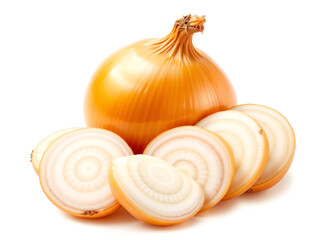 Whole yellow onion and sliced rings, isolated on white background. Generative AI