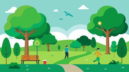 Green Park Landscape with Walking Trails and Benches Vector Illustration