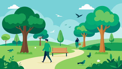 Green Park Landscape with Walking Trails and Benches Vector Illustration