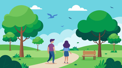 Green Park Landscape with Walking Trails and Benches Vector Illustration © Chamok Chandra