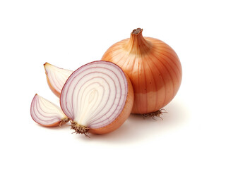 Fototapeta premium Whole red onion and white slices arranged, clean background. Generative AI