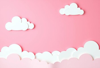 Fototapeta premium Abstract pink sky backdrop with delicate paper cut clouds; ample copy space for Valentine's Day message, tender, greeting