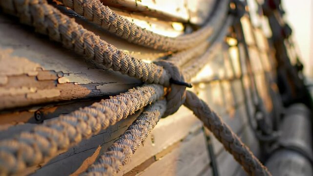 Aged ropes tied to a weathered wooden surface