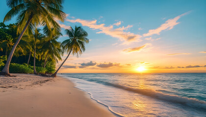 Sunny exotic beach by the ocean with palm trees at sunset summer vacation by the sea
