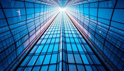 Fototapeta premium Abstract upward view of glass skyscraper geometry, leaving ample empty space, lines, empty space