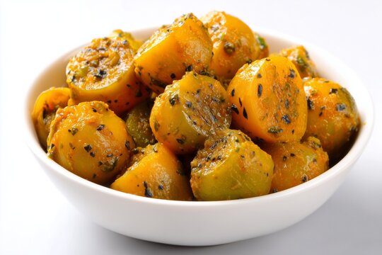 Indian tinda sabzi features baby pumpkin cooked with spices served in a bowl on a white background