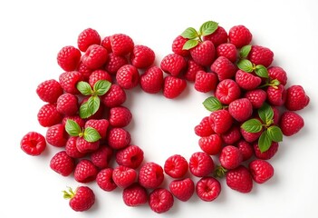 A heart-shaped arrangement of heap red raspberries on a pristine white background, food photography, food
