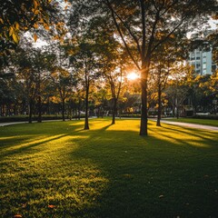 Sunlit park scene with trees casting long shadows on grassy lawn at sunset
