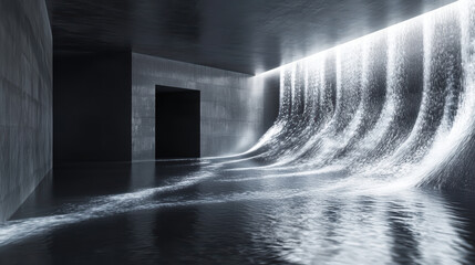 Modern architectural interior with flowing water feature creating a futuristic calming environment in a sleek dark minimalist space with illuminated waterfall wall design