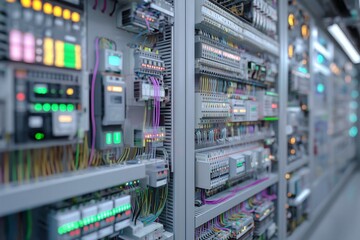 Complex electrical panel: A high-tech arrangement of wires, terminals, and control modules, illuminated with indicator lights.