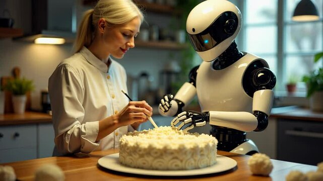 Humanoid robot collaborates with baker to create stunning cake decorations in cozy kitchen setting.