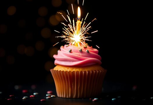 Birthday cupcake with lit sparkler, gold bokeh, black background, sparkler, fun
