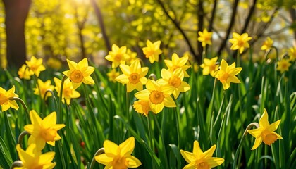 Obraz premium Bright yellow daffodils in a spring garden, sunlight filtering through leaves, ample copy space, May, botanical