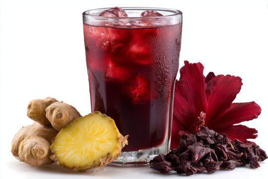 Refreshing zobo drink made from hibiscus petals with ginger and pineapple served on a white background