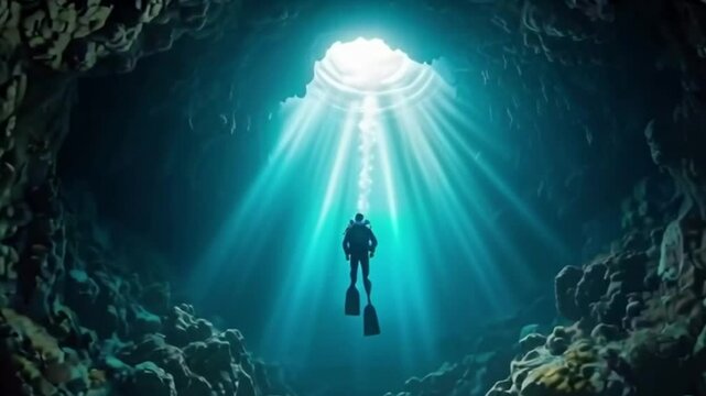 A diver swimming through a crystal-clear underwater cave, the diving gear of the cave walls, beams of sunlight filtering through the water. 4k video 