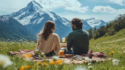 A man and woman enjoying a picnic in a meadow with a breathtaking mountain view