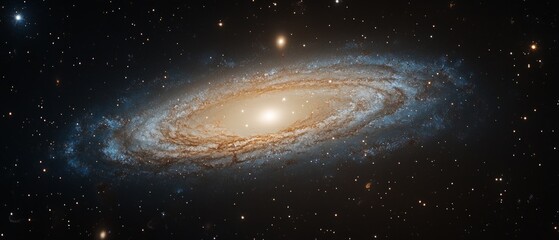 Naklejka premium Spiral galaxy with a bright center and stars on a dark background. Used in scientific articles, educational materials and space-related topics.