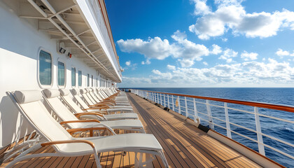 The expansive and pristine deck of a cruise ship, with rows of lounge chairs under a bright blue sky