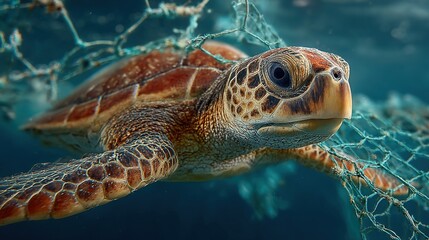 Fototapeta premium Marine Pollution Impact on Sea Turtles, Entangled in Fishing Nets, Highlighting Environmental Issues and Ocean Conservation Needs
