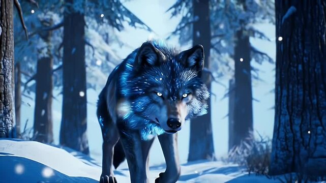 An awe-inspiring image of a glowing, mystical wolf in a snowy forest. Its eyes radiate light, and its fur shows shimmering, luminous patterns