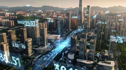 An elevated view of a futuristic city showcases skyscrapers, data streams, and numbers in a technological visual. Buildings fill the landscape - Powered by Adobe