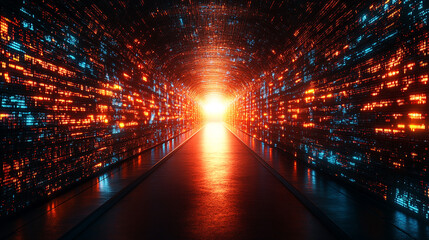 Digital data tunnel with bright light at end