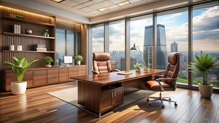 Modern Executive Office with City Views - Luxury Wooden Furniture and Panoramic Windows