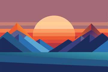 Colorful abstract artwork depicting mountains against a radiant sun with layered hues symbolizing tranquility and nature's beauty.