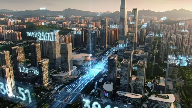 An elevated view of a futuristic city showcases skyscrapers, data streams, and numbers in a technological visual. Buildings fill the landscape - Powered by Adobe